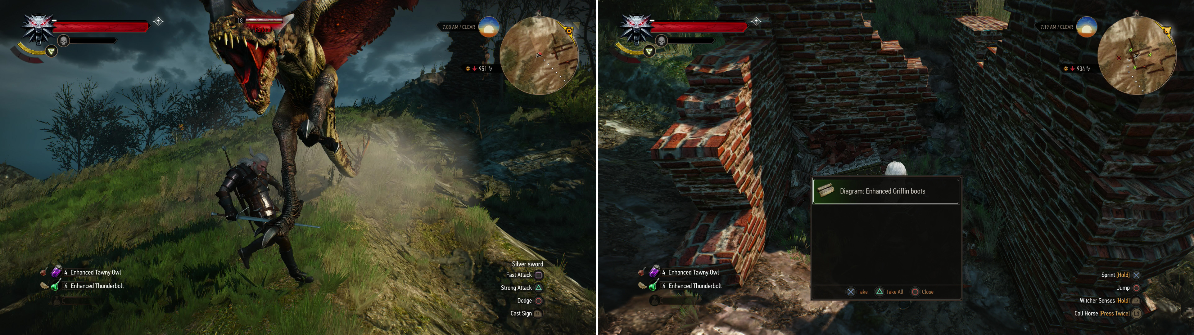 Avoid the Forktail's fangs and talons (left) then loot the ruins it guarded to obtain the Diagram: Enhanced Griffin Boot (right).