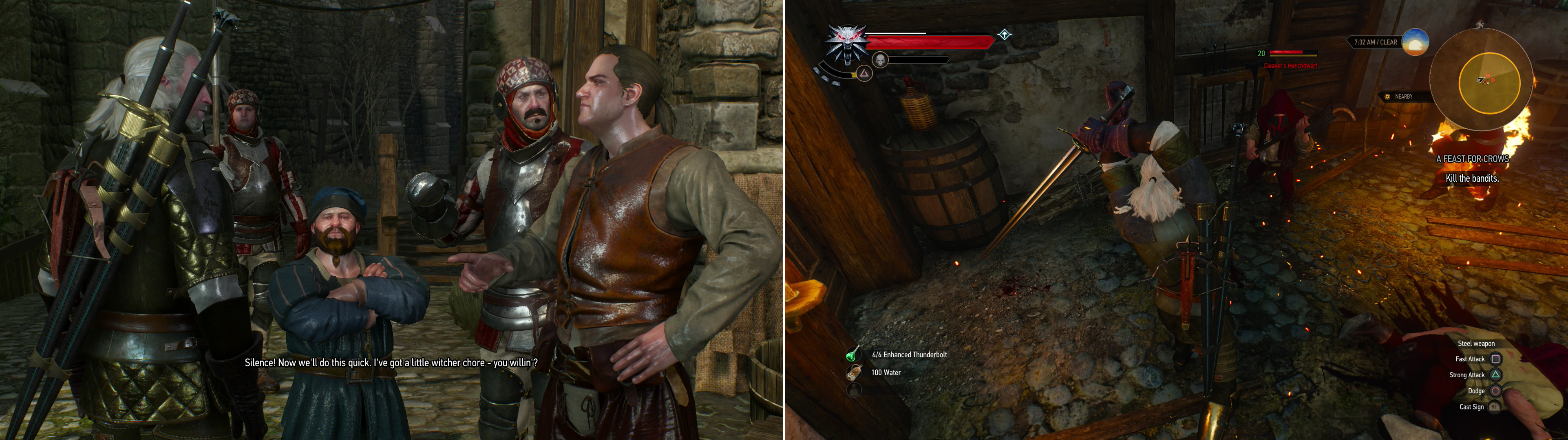 Somebody let a monster loose in a warehouse. Seems like work for a Witcher (left). Defeat Cleaver's henchmen to claim their treasure (right).