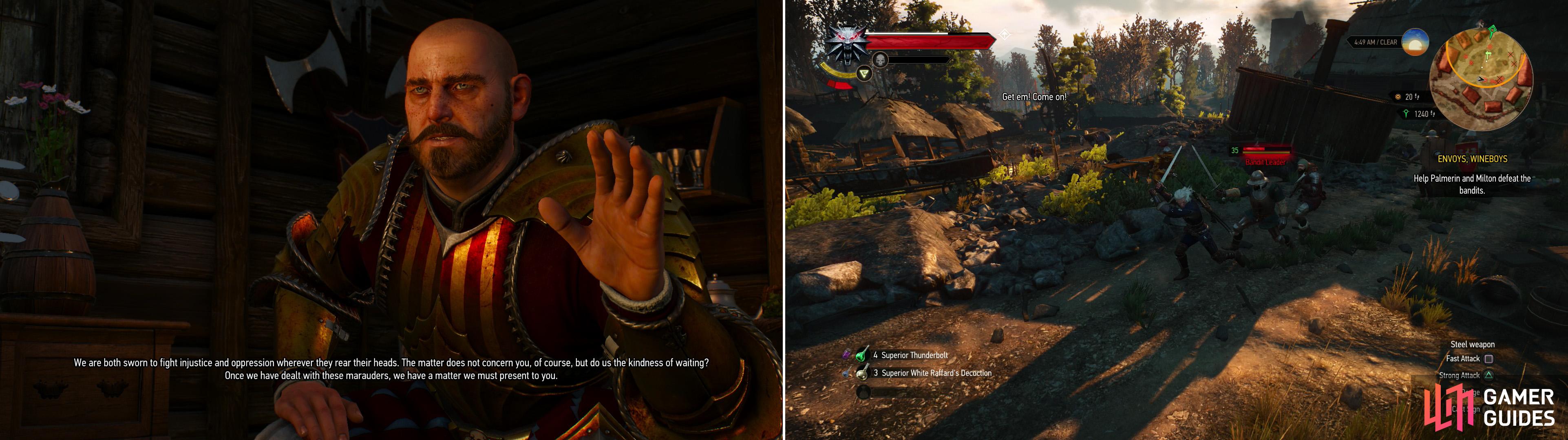 In the village of Stonecutter's Settlement you'll find two knights from Toussaint (left), who have a bit of business for you after they deal with some bandits (right).