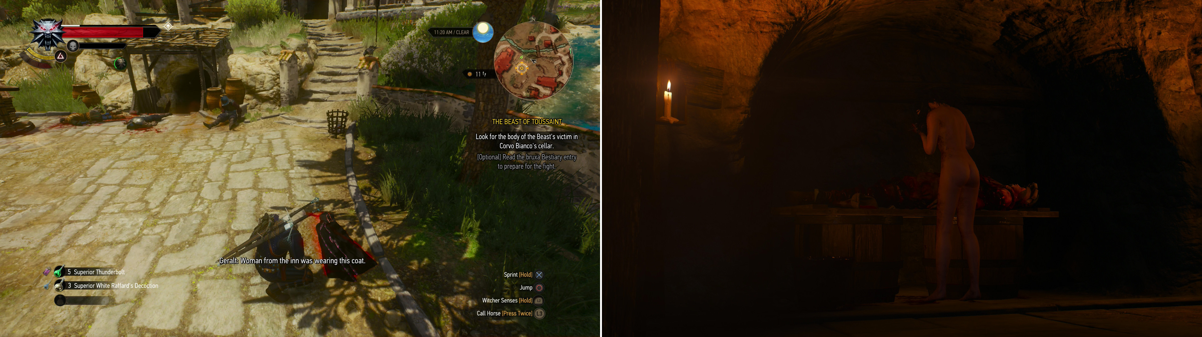 Search the clues around Corvo Bianco (left) and follow them into the cellar, where you'll find the corpse from the river… and the other being searching for it (right).