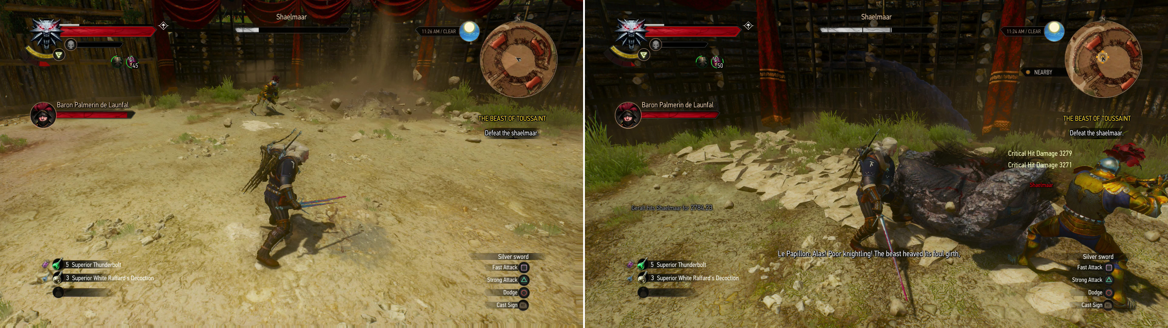 When pressured, the Shaelmaar may burrow and spin, dealing damage to anything nearby (left). Stand near the arena walls and dodge when it charges you. The resulting impact will stagger it and leave it vulnerable (right).