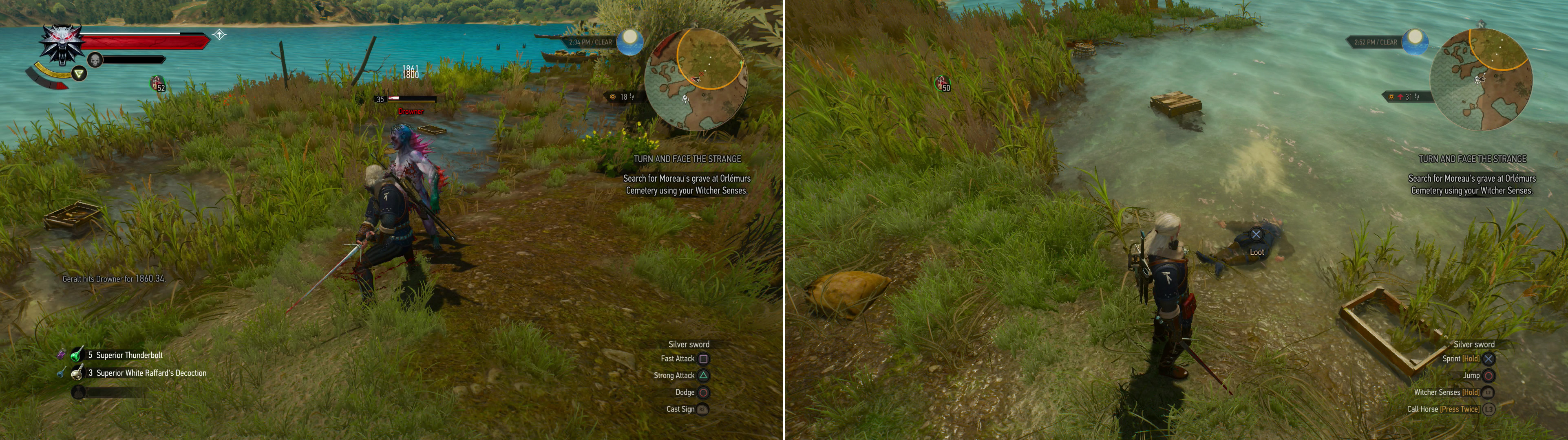 Kill the Drowners by the shore (left) then search a body in the water to start the quest "Treasure Hunt: The Last Exploits of Selina's Gang" (right).