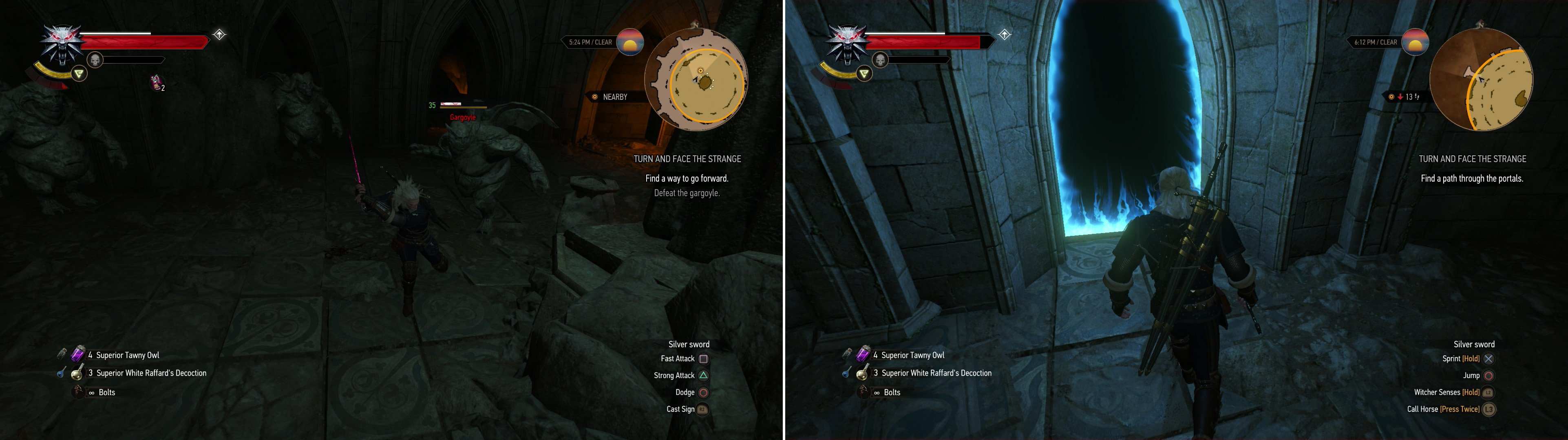 Defeat a Gargoyle (left) and claim its paw, then navigate the portals by entering them in the correct order (right).
