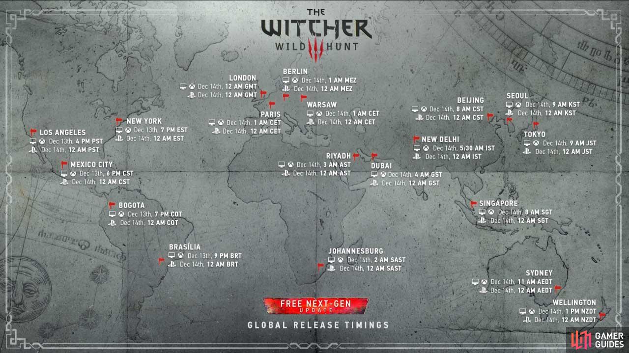 Here you can see what time The Witcher 3 Next Gen update will be available in your region.