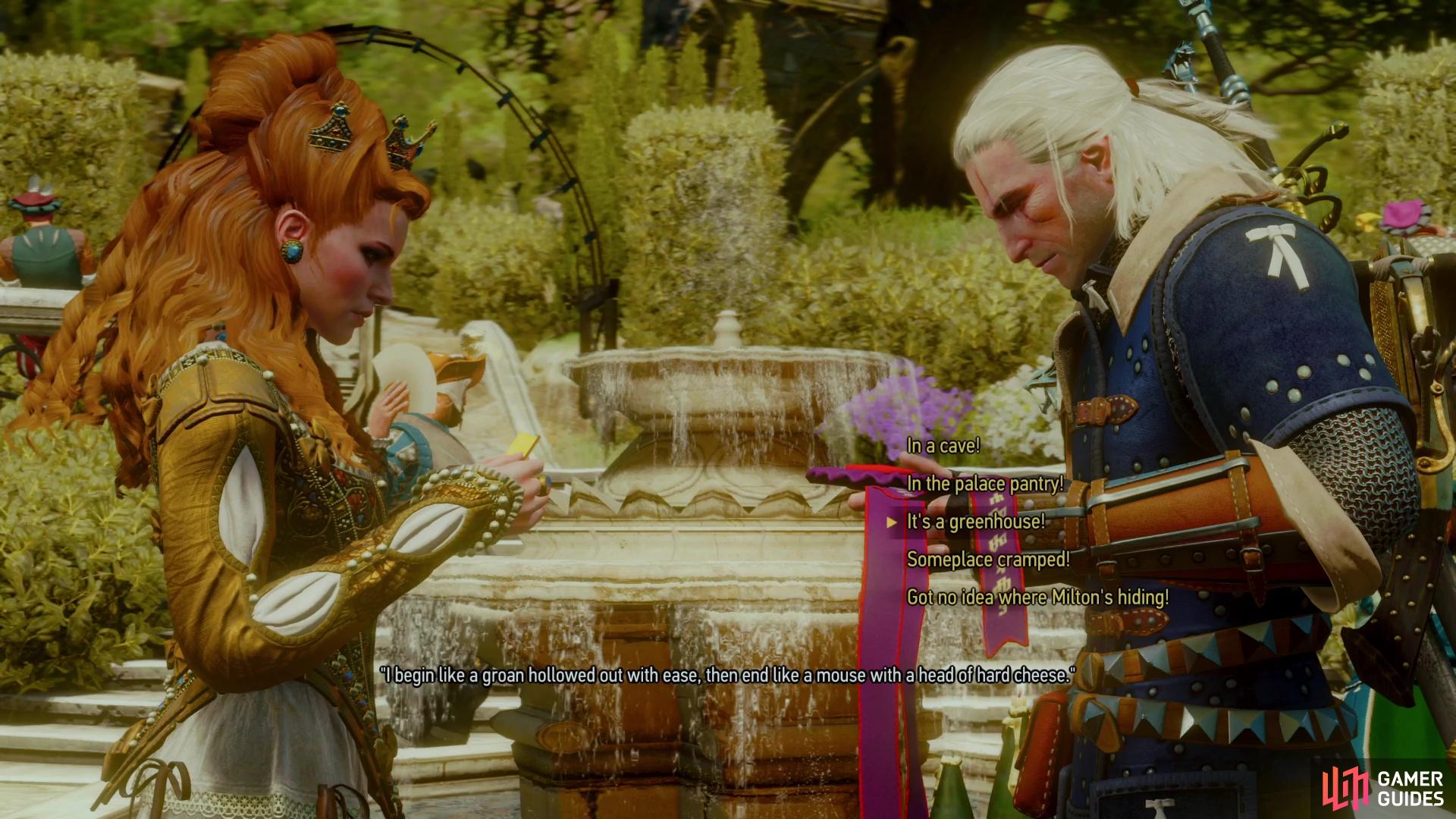 Solve the riddle by picking the dialog options "It's a greenhouse!" to prove you possess the virtue of Wisdom.