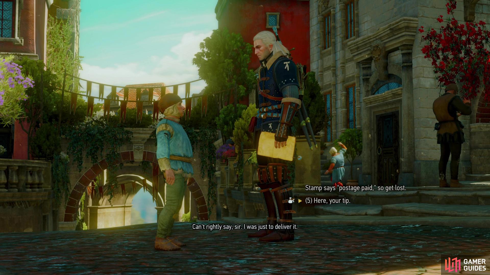 When you approach The Gran Palace signpost a messenger boy will deliver a letter. Pay him 5 Crowns to prove you possess the virtue of generosity.