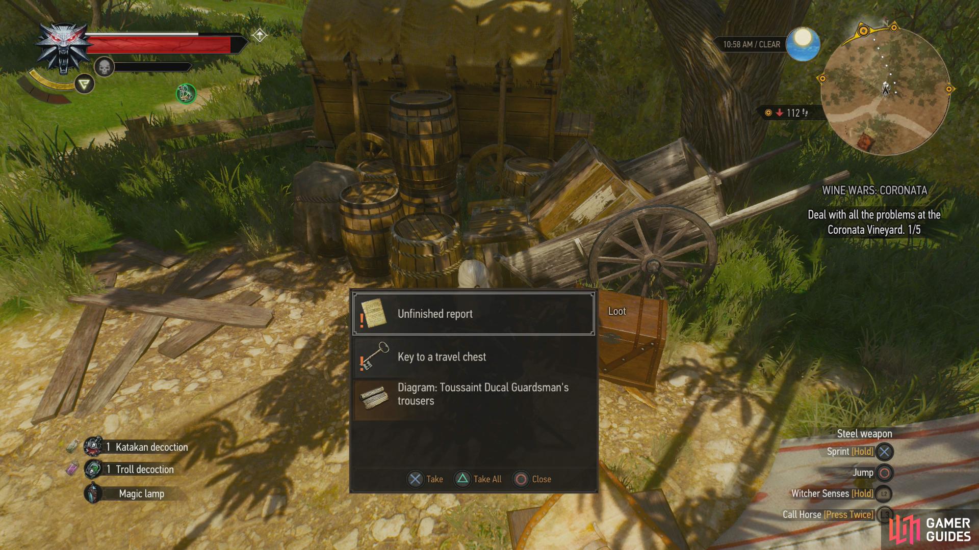 Kill the bandits and loot a chest to find the "Key to Travel Chest",