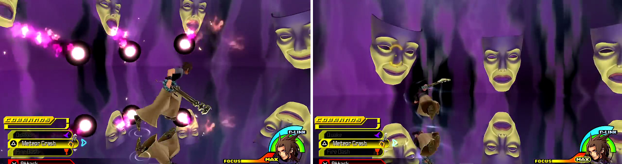 The Mirror’s many faces will spew out fireballs (left) which you can dodge with dash. To find the real Spirit, look for the one with the smug grin (right).