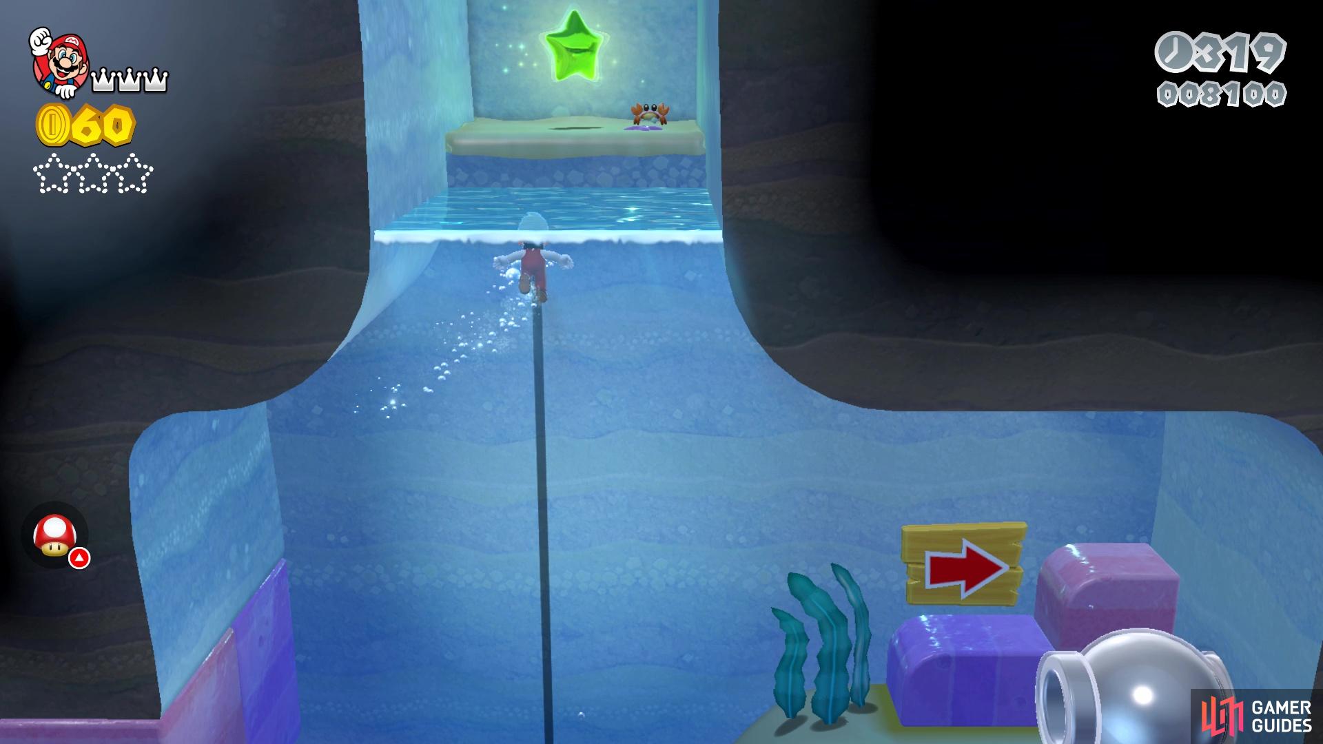 The first Green Star can be found right before the exit of the first underwater area