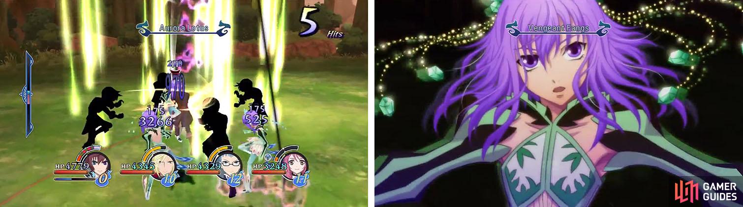 Use Asbel's Aurora Lotus to avoid damage while dealing AOE damage to any of the Little Queens in the vicinity (left). Just make sure to avoid her Mystic Arte, Purification (right).