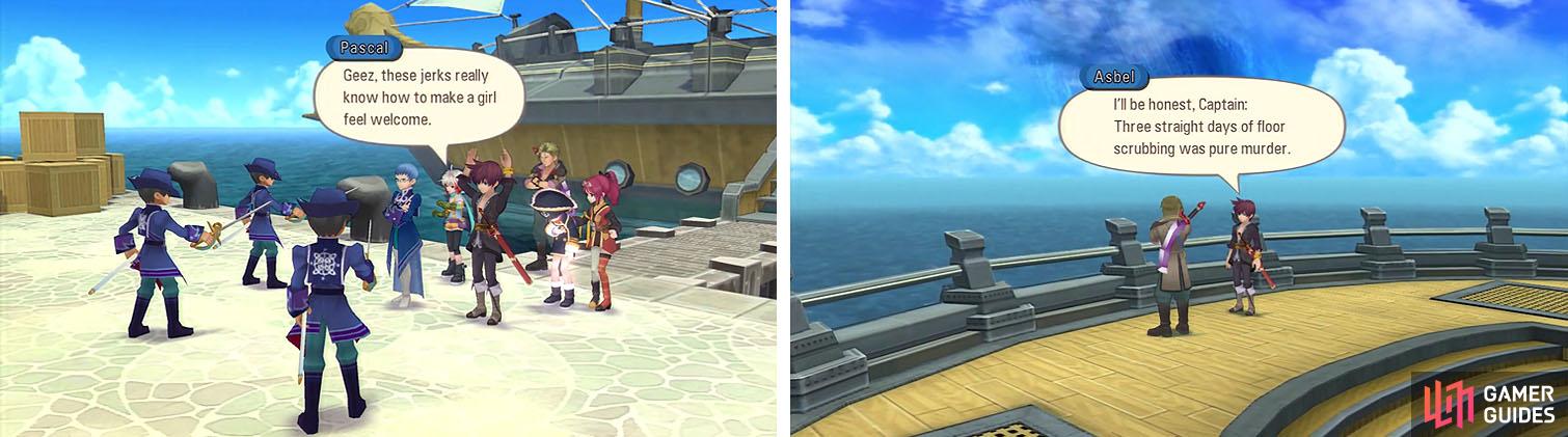 As soon as you arrive in Oul Raye (left) talk to the smiley-faced man to re-board the ship for another scene (right).
