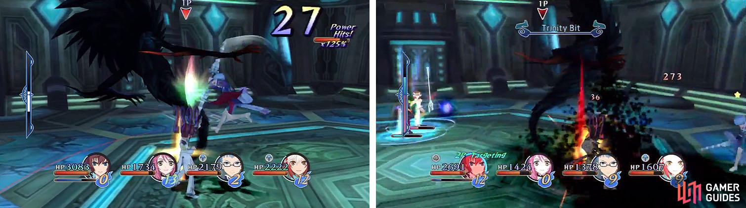 Lambda is easy to combo, so focus on chaining attacks (left). Make sure to avoid his swipe attacks, as well as his black aura (right).