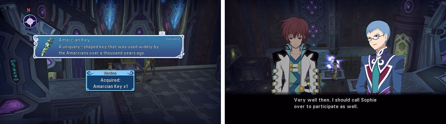 Make sure to get the Amarcian Key (left) so you can access an optional dungeon later. You can also watch a skit at the save near the final room (right).