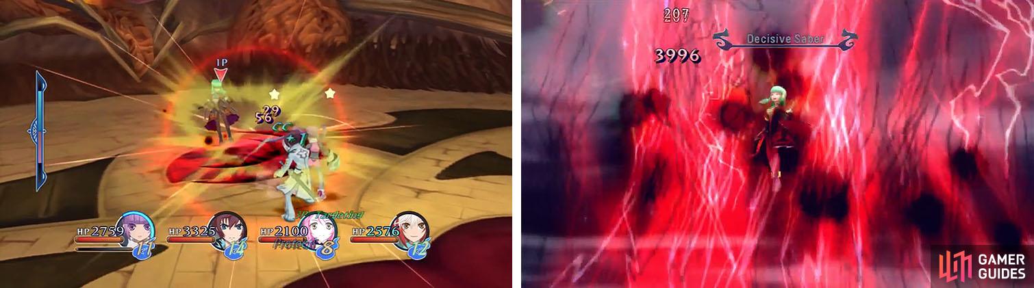Avoid fighting Emeraude at close range or youll just get stunned and pushed back (left). Also, if you get hit by her Mystic Arte prepare a Life Bottle (right).