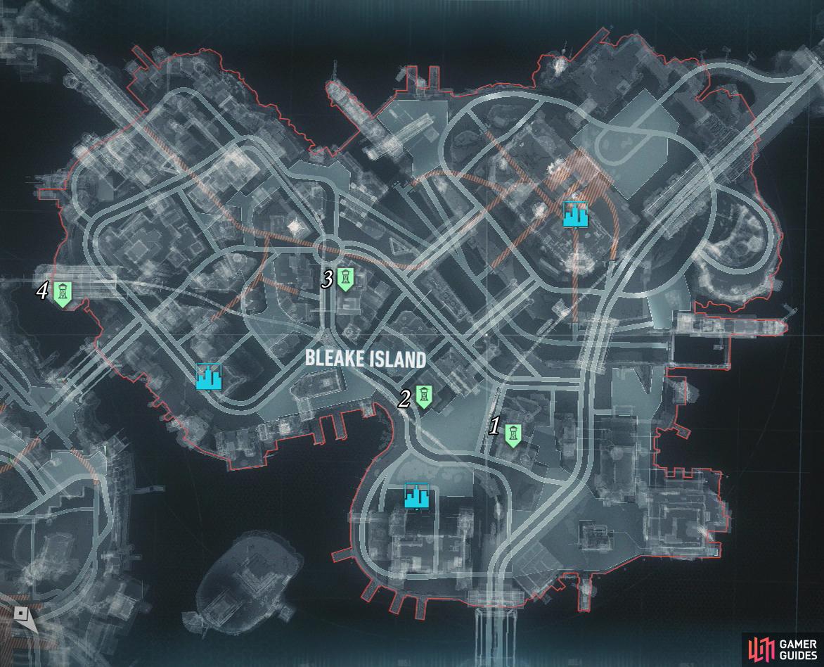 Part 1 - Bleake Island Tower Locations - Occupy Gotham - Most Wanted  Mission Walkthroughs | Batman: Arkham Knight | Gamer Guides®