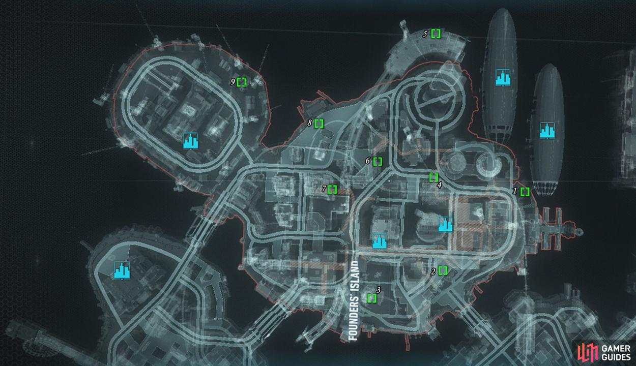 Map of Founders' Island, Collectibles - Founders' Island, Batman Arkham  Knight - Batman: Arkham Knight Game Guide & Walkthrough