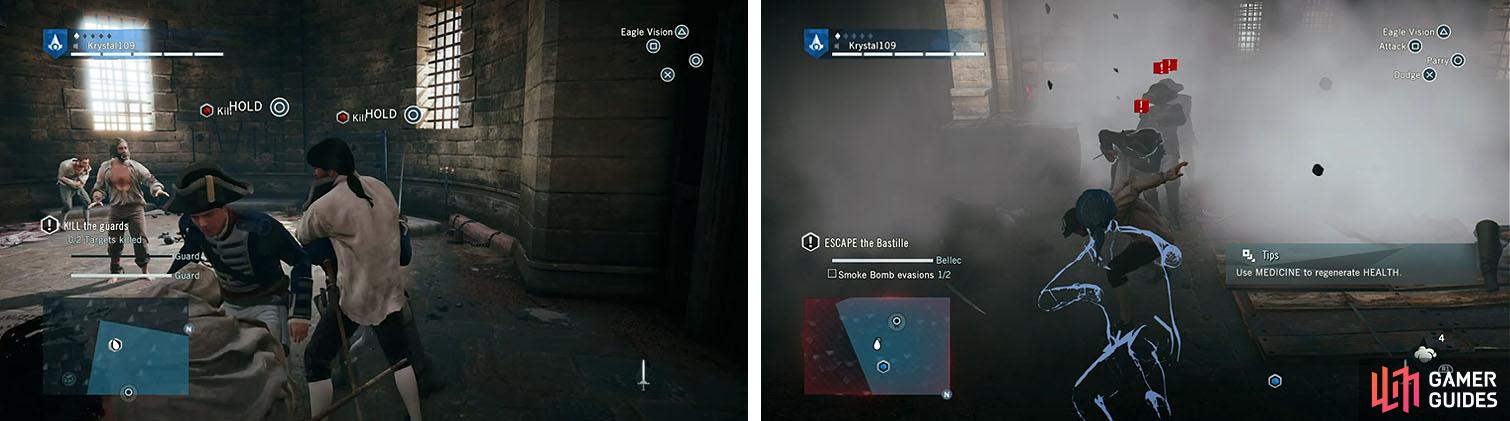 Stealth kill the guards that enter the cell (left). When the second wave of enemies attacks make sure to use Smoke Bombs to complete the objective (right).
