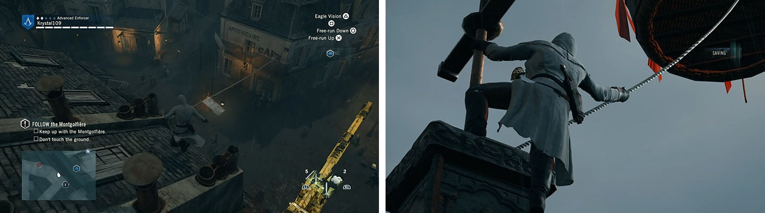 When the balloon crosses the open plaza turn left and use the rope above (left). When Elise get's stuck on the chapel roof climb up and free her (right).