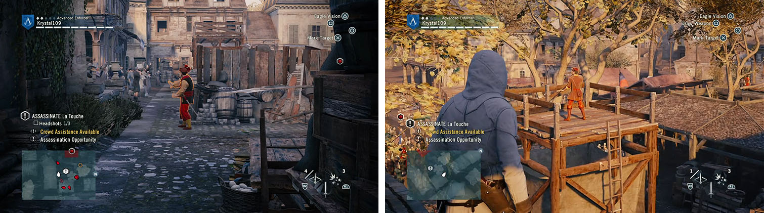 After killing the Brute, exit and snipe the patrol by the cage (left). Climb the building behind the cage and cross through it to headshot the sniper on the watchtower (right).