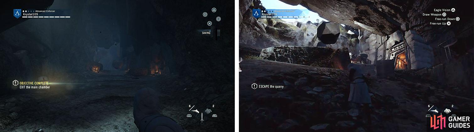 Avoid the boulders in the tunnels (left) and when the simulation begins to collapse quickly rush to the exit while using the elevation as cover (right).