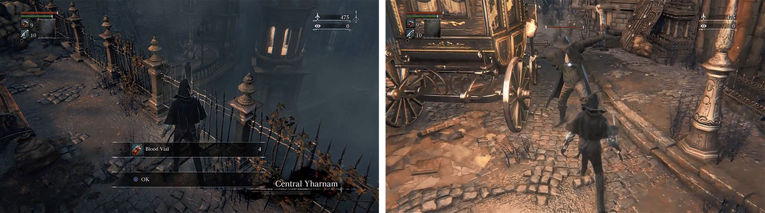 Pick up the Blood Vials before you encounter the first Huntsman in Central Yharnam.