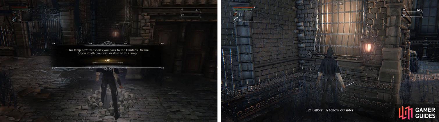 Light the Central Yharnam lamp and make sure to meet Gilbert in the nearby building.