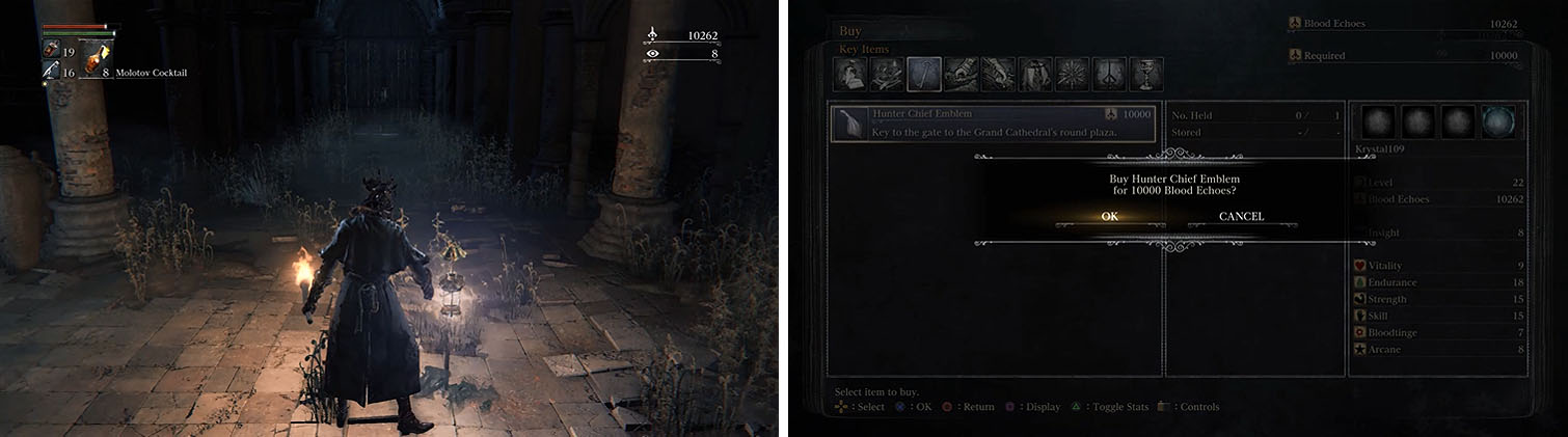 Use the Old Yharnam lamp to return to Hunters Dream and purchase the Key Item.