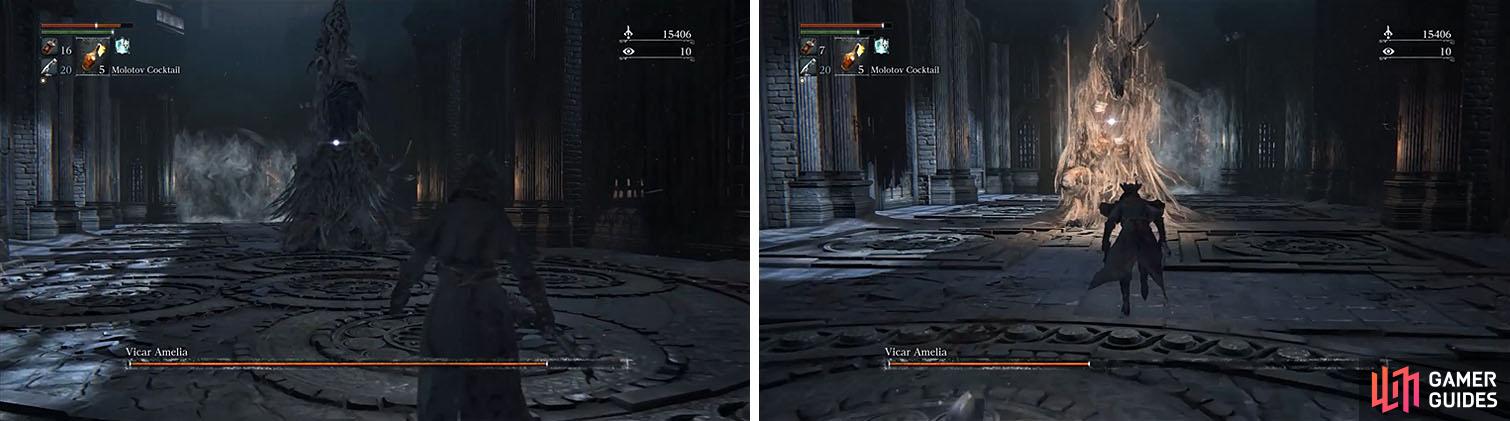At the beginning of the fight the Vicar will seem to pray before slamming to the ground (left). Later, when she is below 50%, she will then pray to heal damage (right).