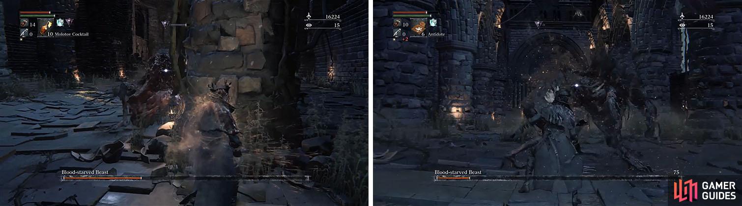 In the later Phases it becomes crucial to use the environment for cover to heal (left). Avoid the wild attacks and you should find the back of the beast facing you often (right).