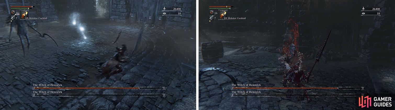 Avoid the paralysis spell by rolling to the side (left) or youll find your eyes being gouged out and the doppelganger witch revived (right).