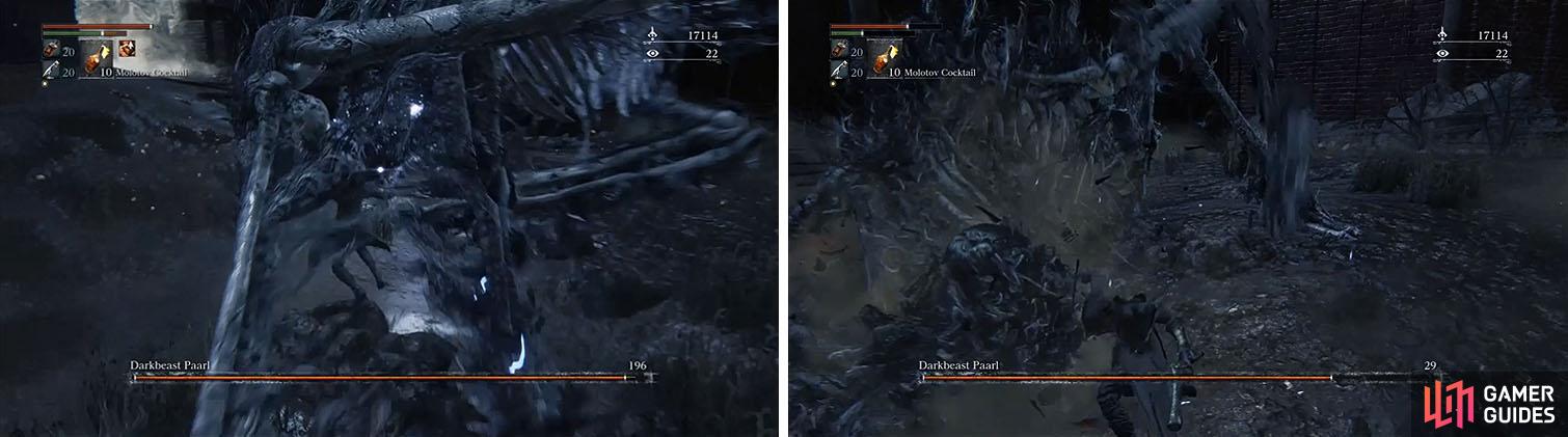 Stay under Paarl where it is safe and after he performs an attack go all out on his head (left). In no time this should cause him to fall and become vulnerable to visceral attacks (right).