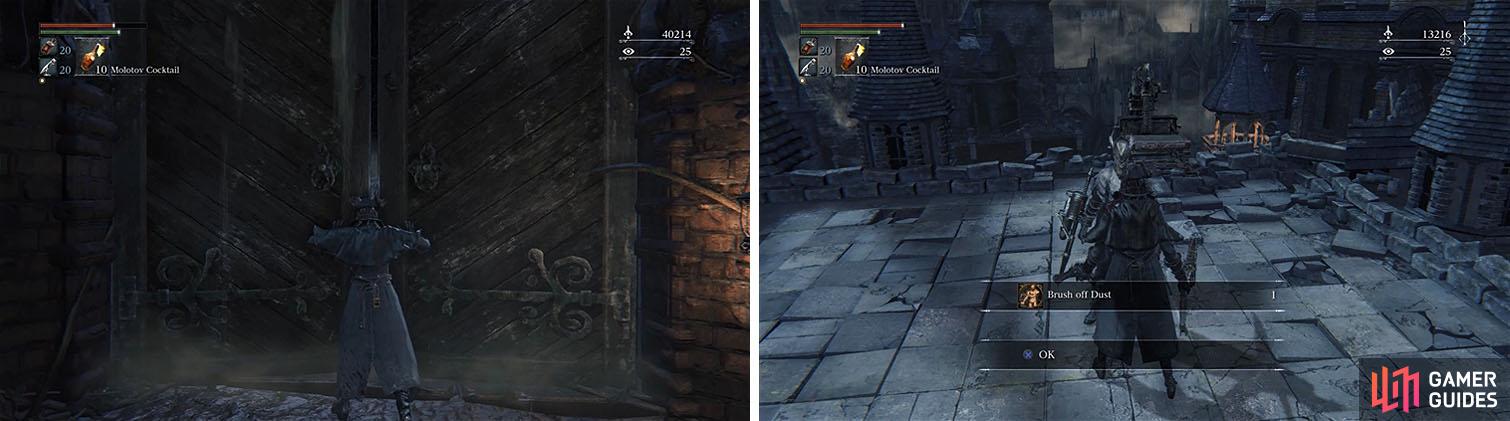 Head through the large double doors to Old Yharnam and speak with Retired Hunter Djura.