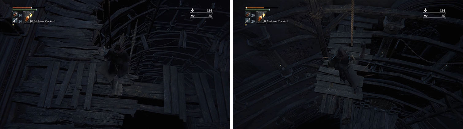 Fall from the broken platform above (left) to land on a platform directly above the Abandoned Old Workshop (right).