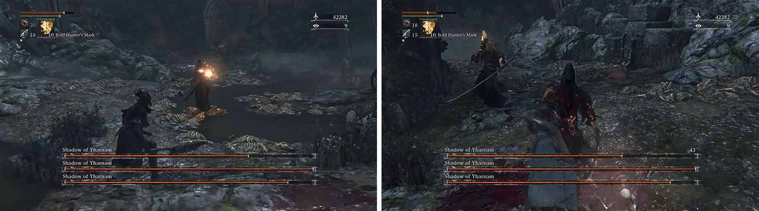 Separate the caster from the other Shadows to get in some hits and lower his health (left). Then use your firearm to create visceral attack opportunities on the other two (right).