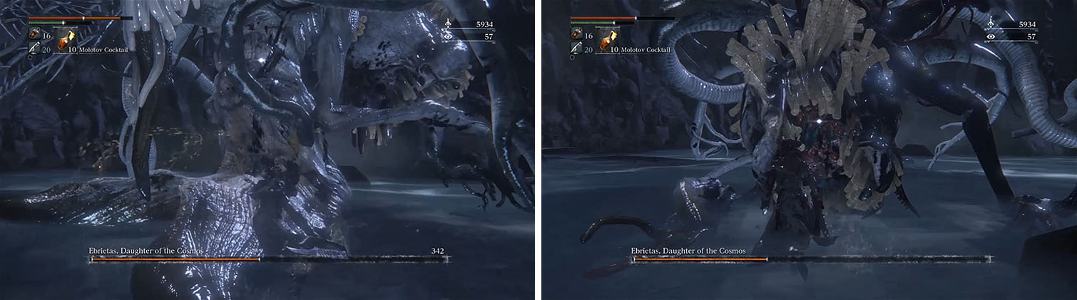 Stick to Ebrietas' sides, avoiding her attacks, and luring her to use her Head Smash (left). Keep this up until you do enough damage to perform a visceral attack (right).