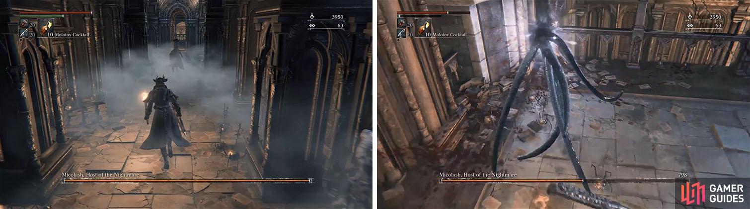 Chase Micolash through the library and into a corner of the library (left). You can now go in for the attack, while avoiding the Augur of Ebrietas (right).