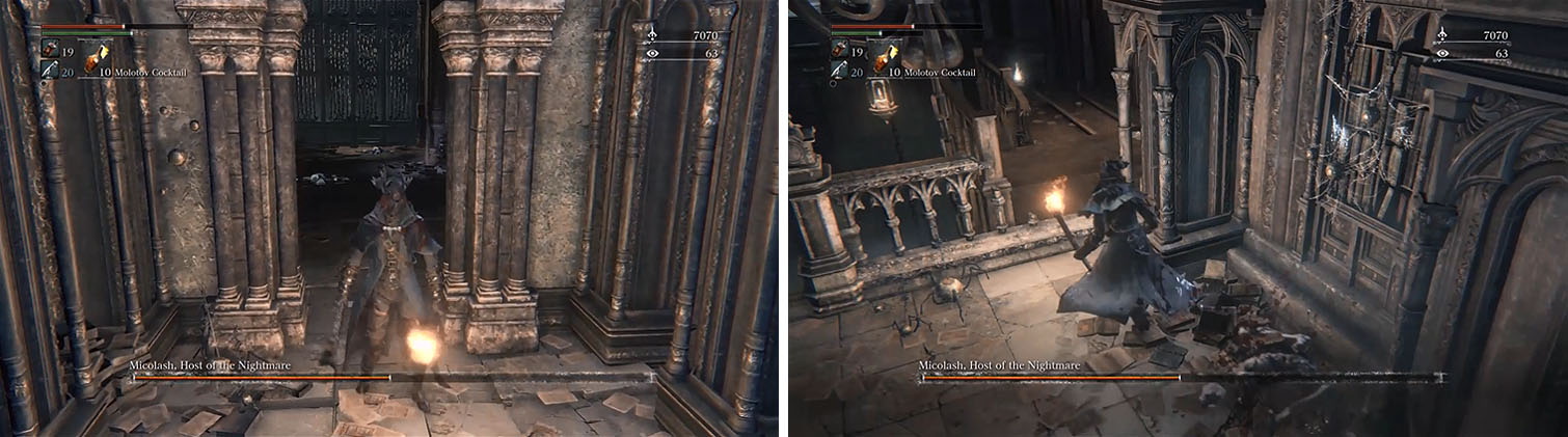 When Micolash locks himself behind the large gate (left) head upstairs and find the small gap, near the huge fall above the bridge, to find him again (right).
