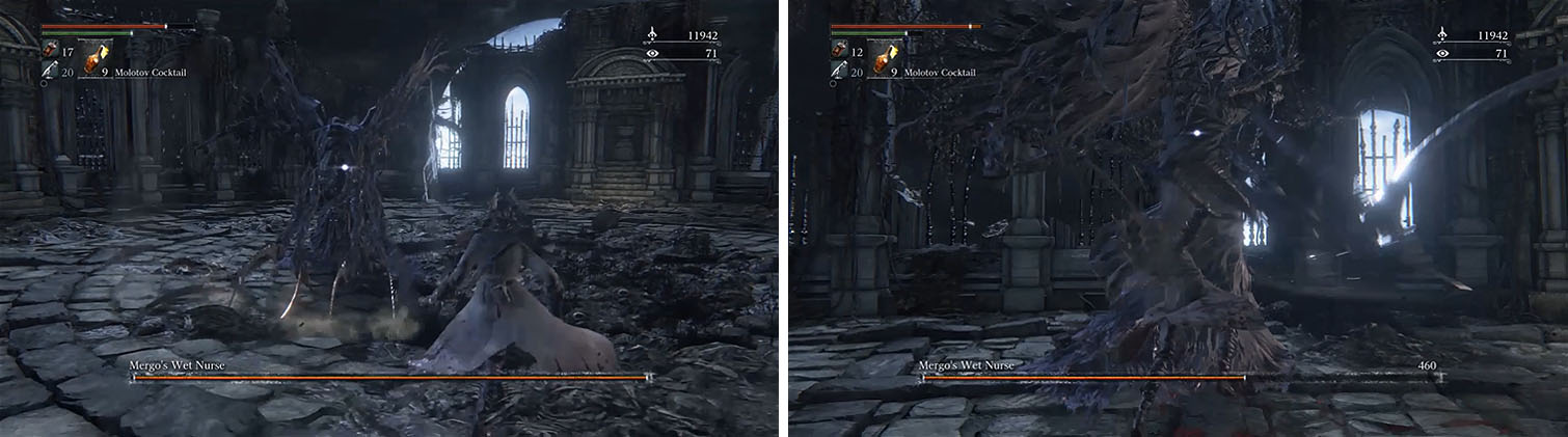 Mergos Wet Nurse is open for attack after any long animation, such as her Downward Slash (left). She is also vulnerable to attack when she is stuck in the log Blender Combo (right).