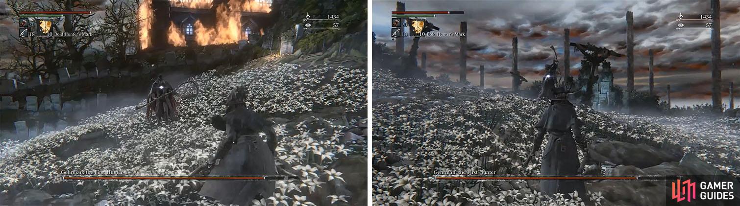 Keep your distance to avoid Gehrmans attack, which have extremely long range (left). When he finally uses his Scythe Charge wait until the last second to fire your weapon (right).