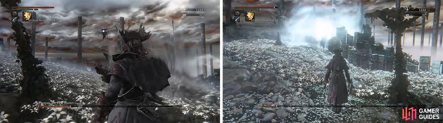 Avoid Gehrmans Air Blade attack, only used when in scythe mode (left). Youll also want to avoid his Moonlight Wave charged attack, striking only when it is over (right).