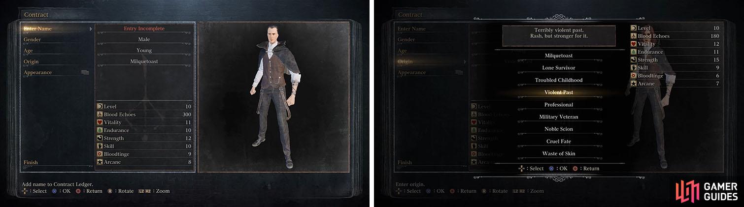 After choosing your appearance you'll want to pick an Origin for starting stats.