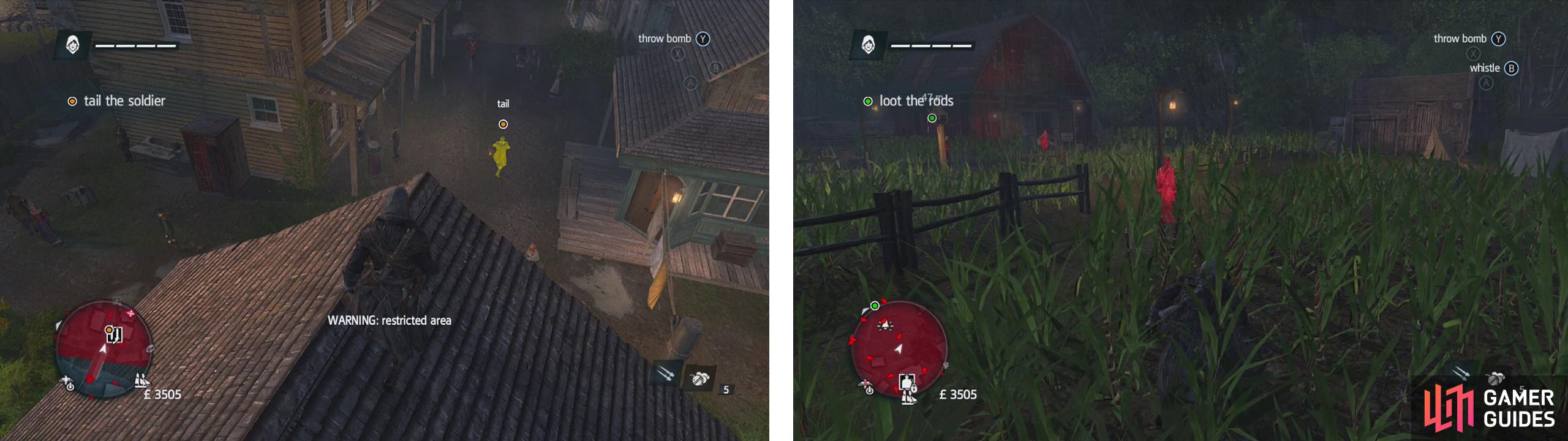 Follow the target through a short tailing sequence (left) until he reaches a barn (right).