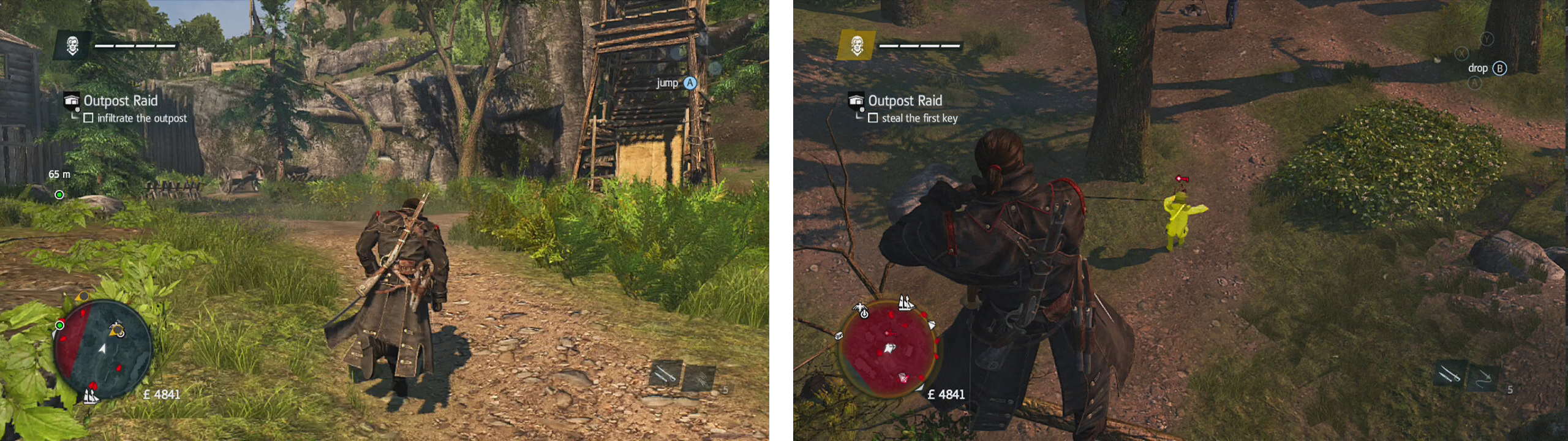 Use the fallen tree by the guard tower (left) to infiltrate the outpost. Use a rope dart from a branch to kill the key carrier (right).