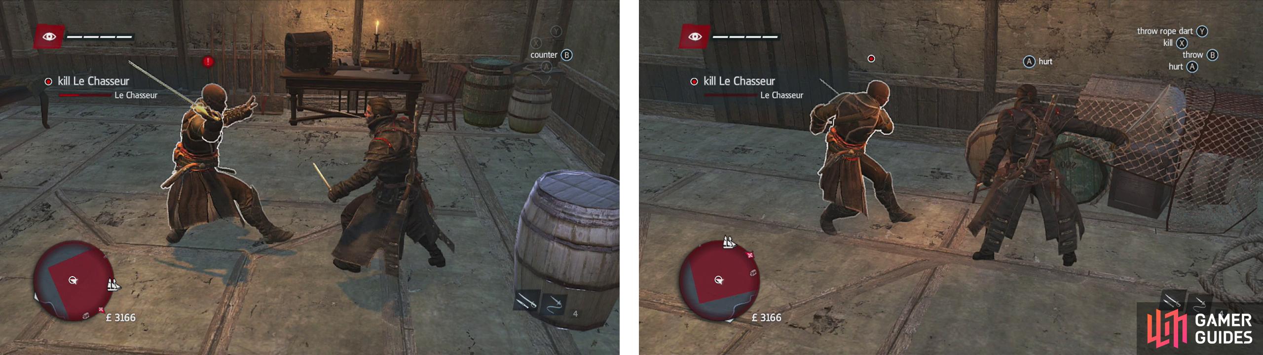Counter the target in front of barrels in the room (left). When the 'Hurt' pop-up appears, hit the button prompt to damage him (right).