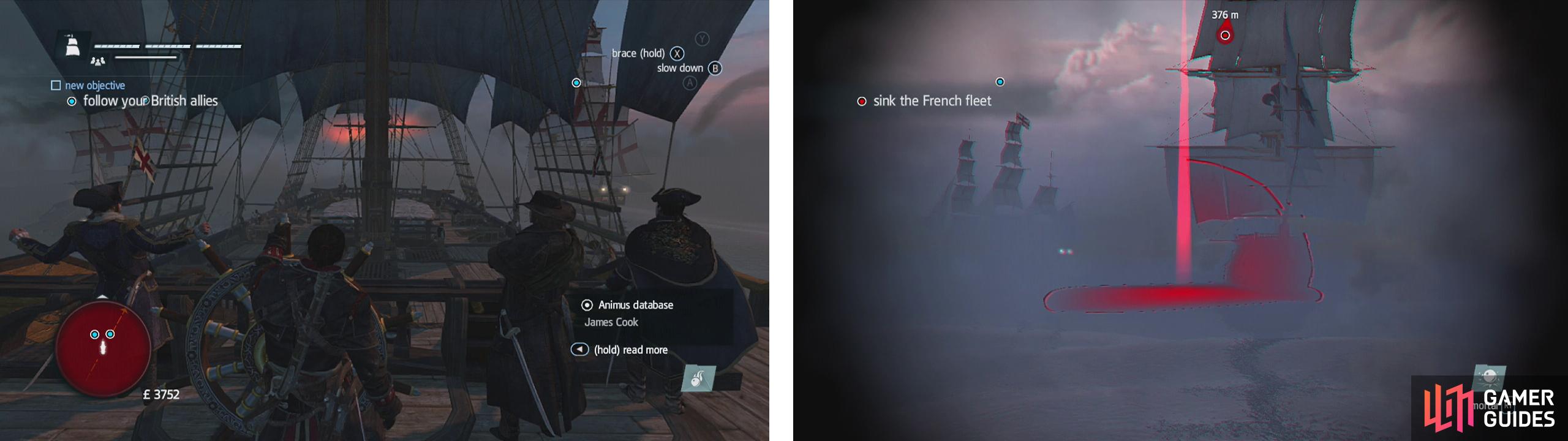 Follow your allies into the smoke (left). Use your mortars from a distance to damage ships as you approach (right).