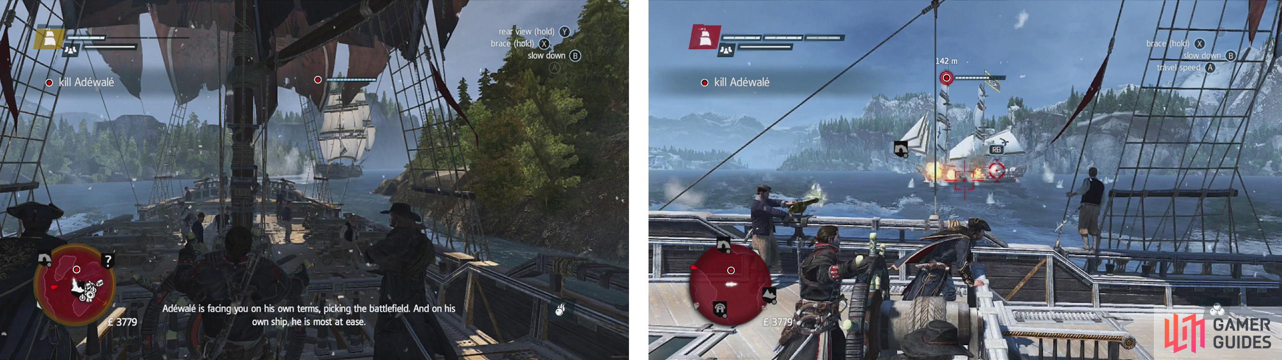 Follow the target ship whilst avoiding mortars (left) and when you have it cornered, take the target down (right).