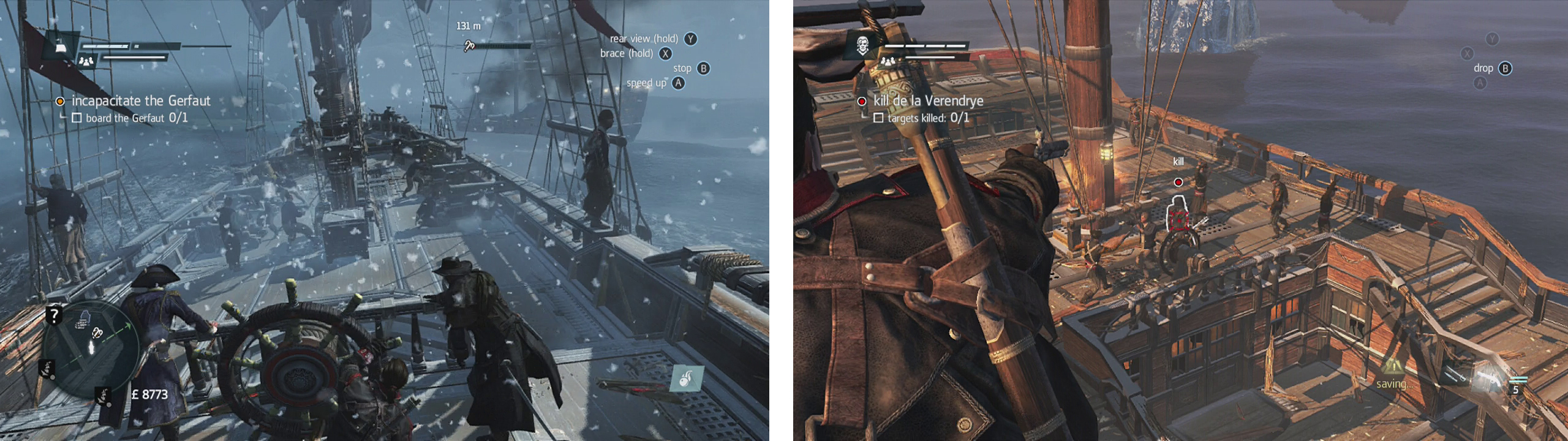 Initiate boarding (left) and then climb to the rigging and shoot the target (right) to earn the second optional objective.