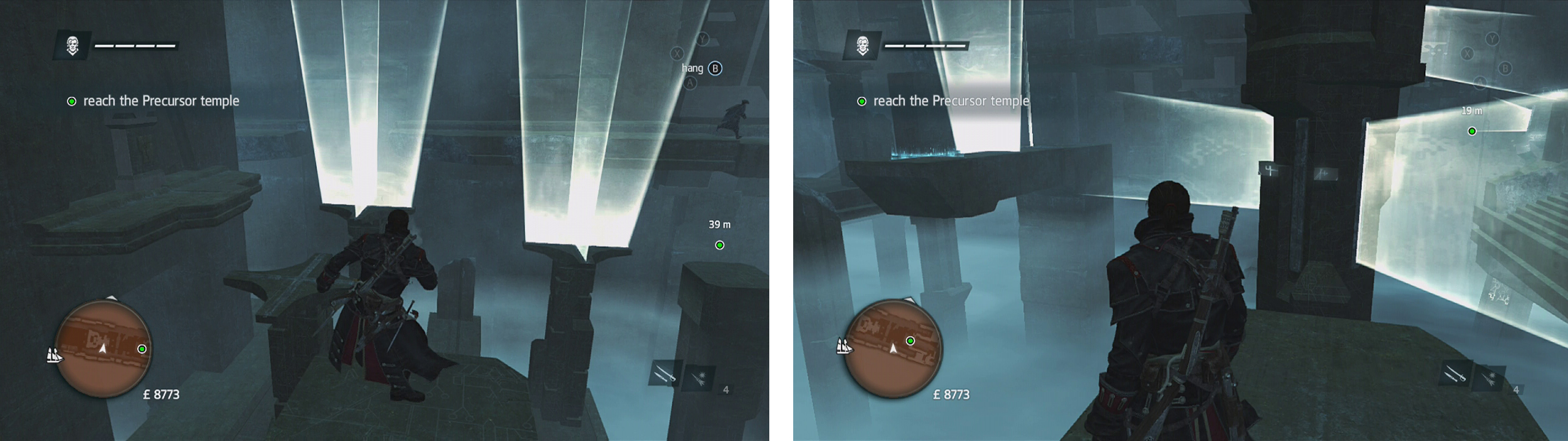 Work your way across the pillars (left) and up and around the hovering pole (right) whilst avoiding the energy walls.