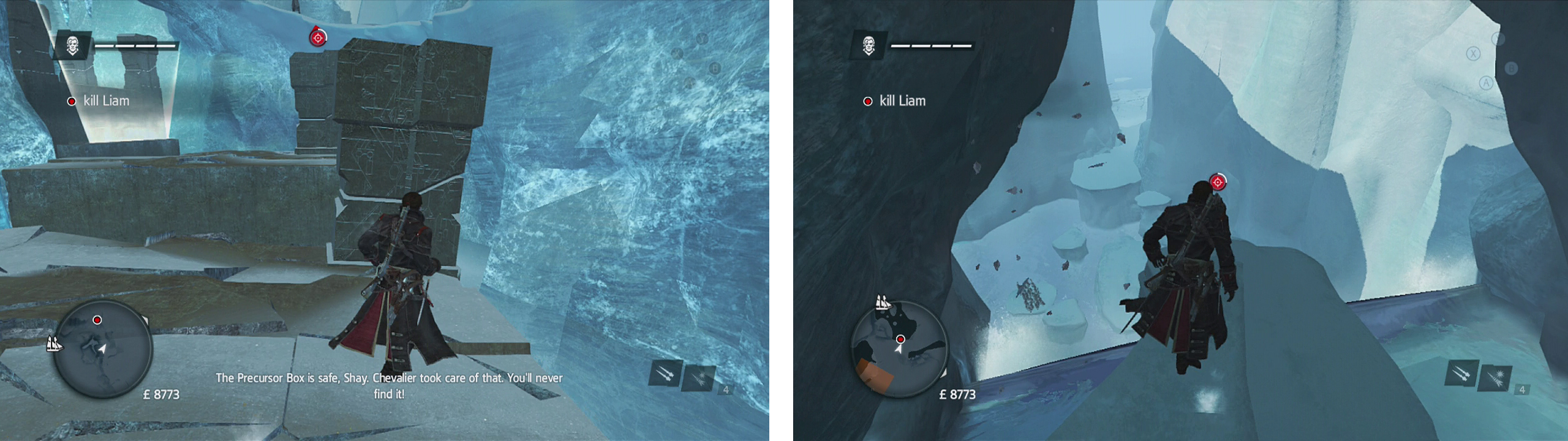 Make sure you stand behind cover when you see the target icon fill up (left) and when you finally corner the target air assassinate him (right).