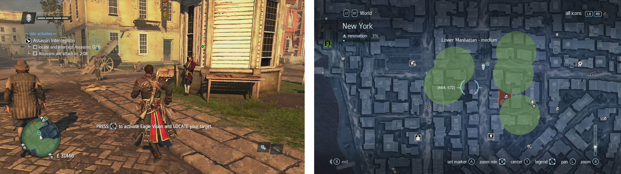 The target can be found in the square by the gazebo (left). Assassins will come from all over (right).